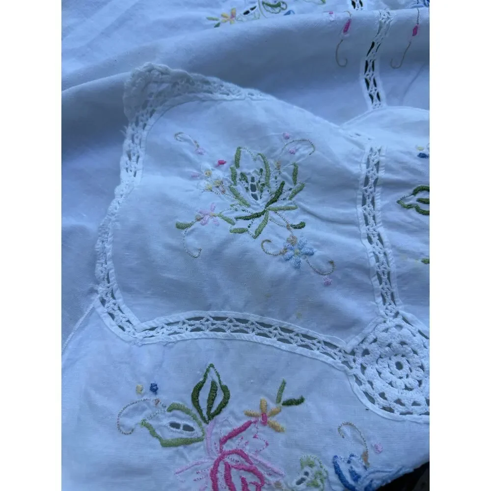 Vintage Hand Embroidered Tablecloth White floral pink blue beautiful cut out